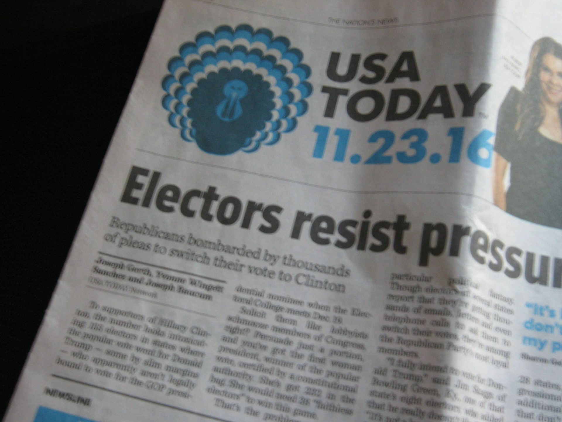 Titelbild der Tageszeitung "USA Today" vom 23. November 2016. Foto: Elisabeth Aeberli