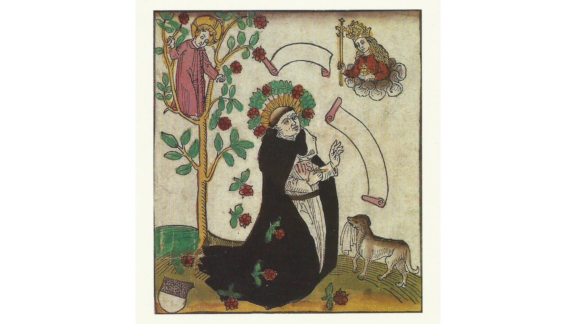 Heinrich Seuse in einem alten Holzschnitt; Frau Weisheit verehrend, links das Christ-Kind, aus: Alois M. Haas: Kunst rechter Gelassenheit. Themen und Schwerpunkte von Heinrich Seuses Mystik. Bern 1995.