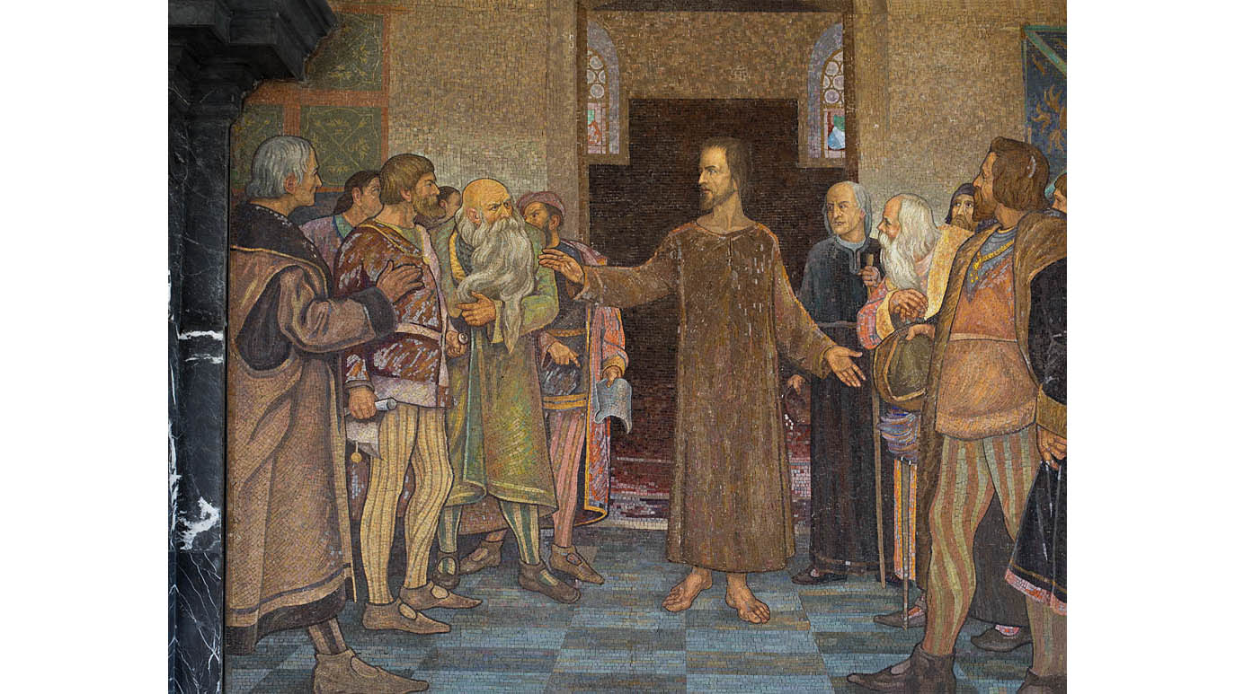 Bruder Klaus an der Tagsatzung zu Stans im Dezember 1481, Mosaikbild von 1946/47 an der Fassade der Pfarrkirche Sachseln. (© Konrad Busslinger, Rex-Verlag Luzern)