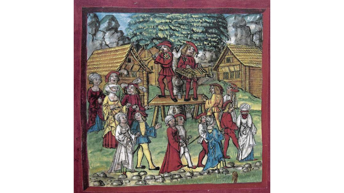 Fasnachtstanz von 1509 auf der Landmatte in Schwyz. Diepold-Schilling-Chronik von 1513 (Korporation Luzern) (vgl. http://www.luzernerzeitung.ch/nachrichten/zentralschweiz/zch/abo/Das-sind-die-Wurzeln-unserer-Fasnacht;art9646,964045)