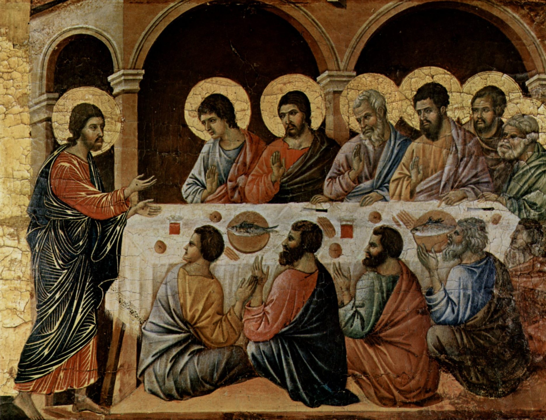 Der Auferstandene isst Fisch. Duccio die Buoninsegna, Erscheinung Christi beim Abendmahl der Apostel