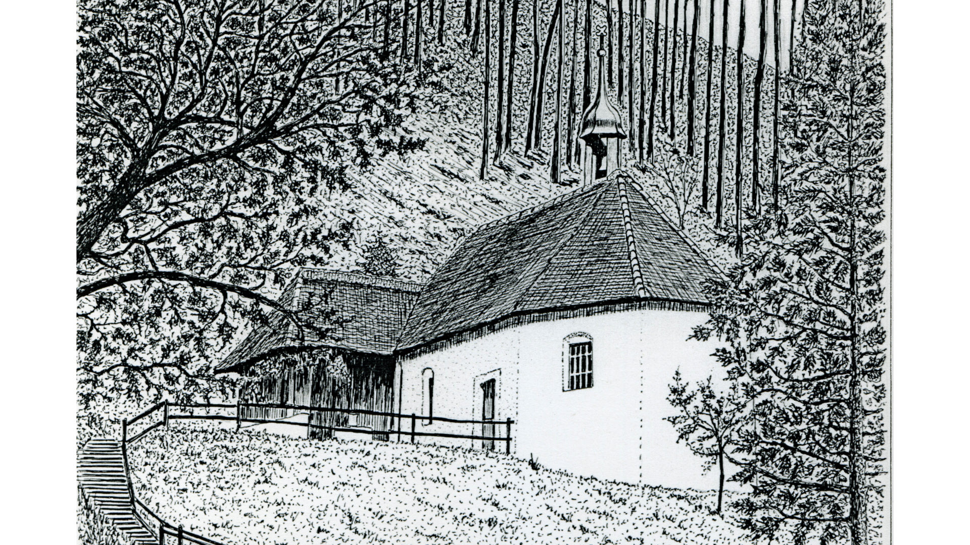 Obere Ranftkapelle. Federzeichnung von Alfred Bachmann. (© Roland Gröbli)