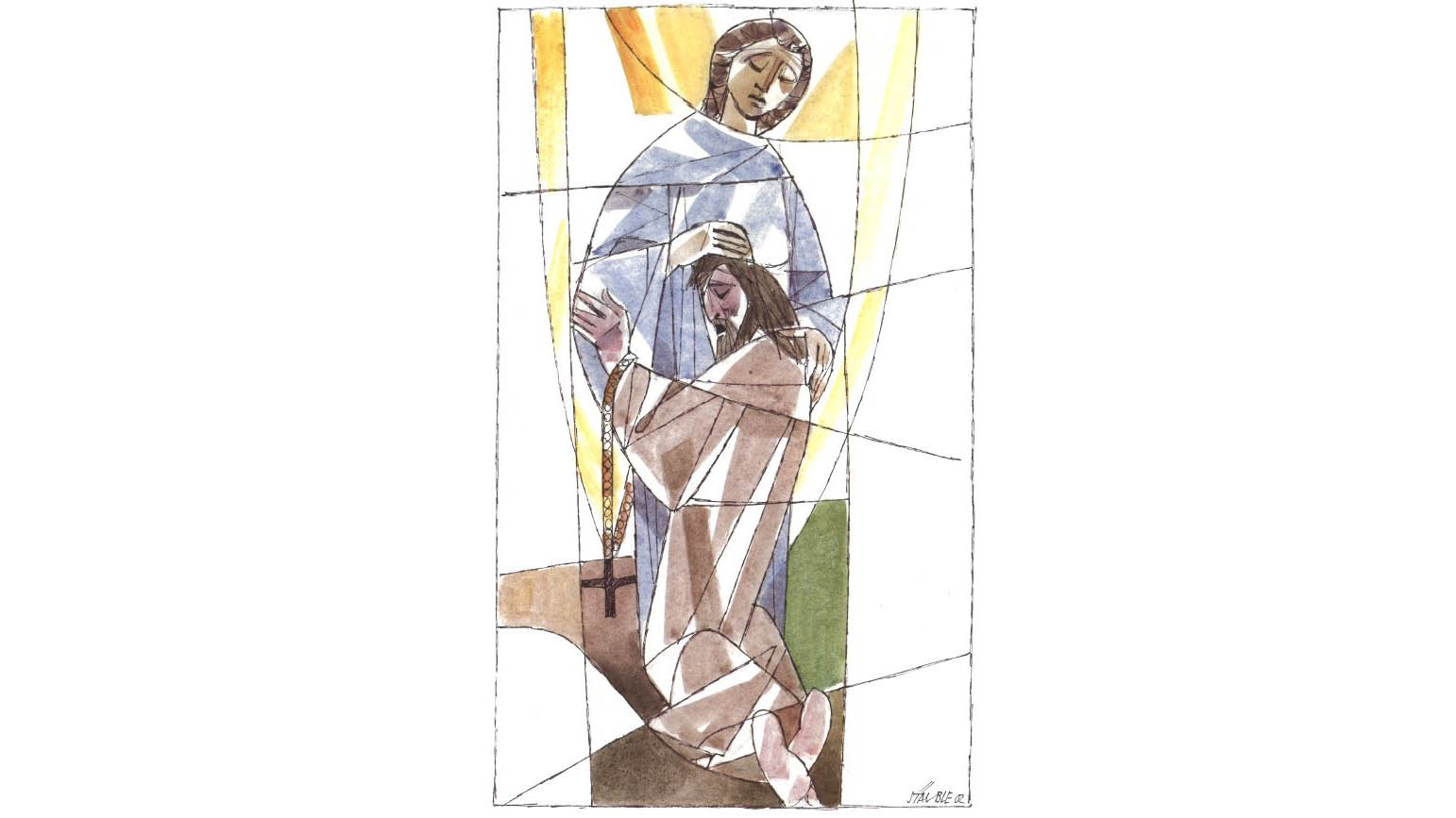 Dorothee Wyss gibt Niklaus von Flüe Kraft. Glasscheibe von Heinrich Stäuble (2002).
