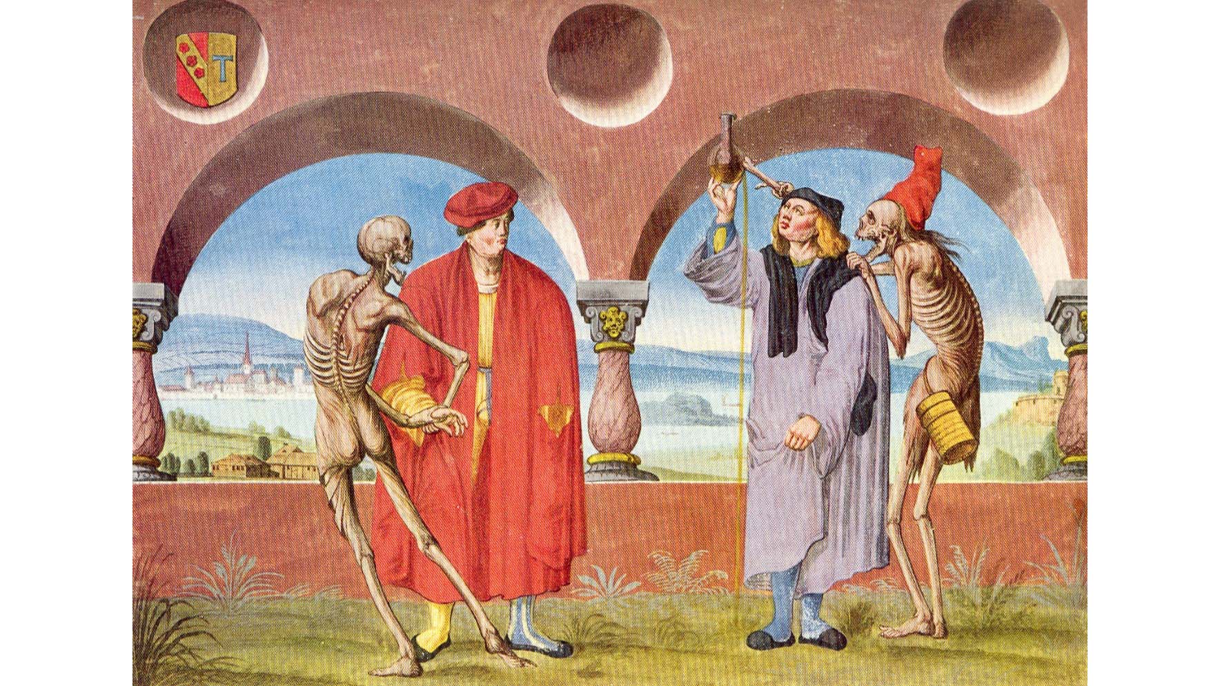 Der Totentanz entwickelte sich im 16. Jahrhundert zu einer drastischen Illustration, dass Reichtum nicht vor dem Tod schützt und nicht mitgenommen werden kann. (Gemälde von Niklaus Manuel von 1516)