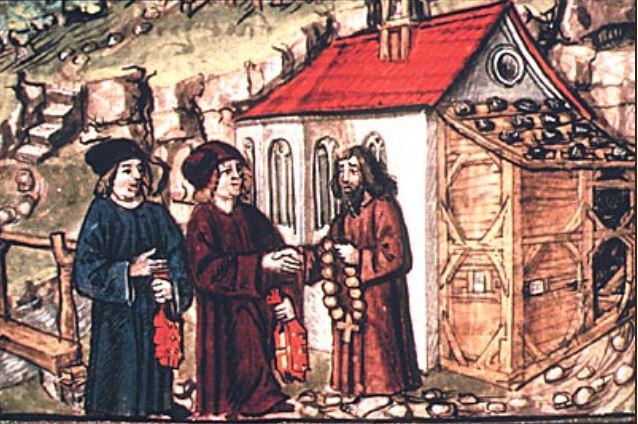 Heimo Amgrund (Mitte), eventuell zusammen mit dem Ranftkaplan Peter Bachtaler, zu Besuch bei Bruder Klaus. Darstellung aus der Diebold Schilling Chronik von 1513. (© zVg)
