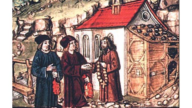 Heimo Amgrund (Mitte), eventuell zusammen mit dem Ranftkaplan Peter Bachtaler, zu Besuch bei Bruder Klaus. Darstellung aus der Diebold Schilling Chronik von 1513. (© zVg)