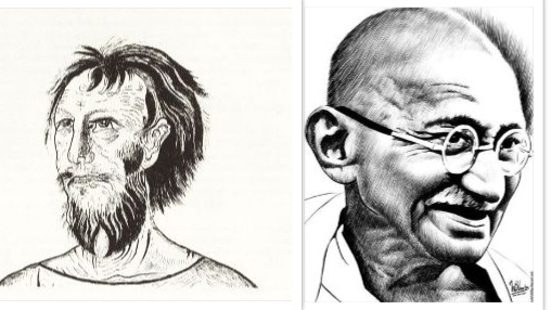 Vereint im gemeinsamen Verständnis der Bedeutung des Betens und des Gebets: Mahatma Gandhi (Federzeichnung von Wilson Santos) und Niklaus von Flüe (Alfred Bruggmann).