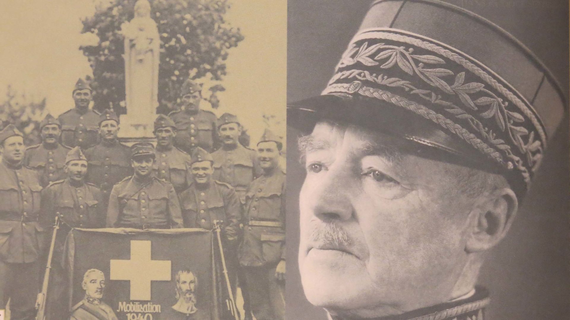 Foto: Niklaus von Flüe und Henri Guisan auf einer Schweizer Fahne, daneben eine Portraitaufnahme von General Guisan. (Foto: Kaiser, S. 36)