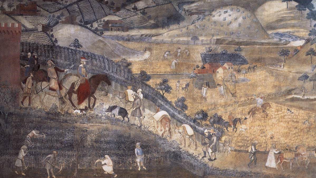 Ambrogio Lorenzetti (1285–1348), Allegorie der guten und der schlechten Herrschaft. Detail: Austausch zwischen Stadt und Land, Palazzo Pubblico in Siena. (Foto: Wikimedia Commons, Yorck Project).