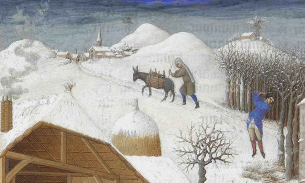 Arbeiten trotz klirrender Kälte im Freien. Bild von 1450 aus dem Stundenbuch «Très Riches Heures» des Duc de Berry (Frankreich).