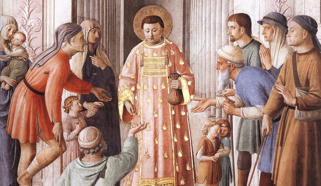 Auch er verteilt Almosen anderer: Der heilige Diakon Laurentius, Fra Angelico. Bild: Wikimedia Commons