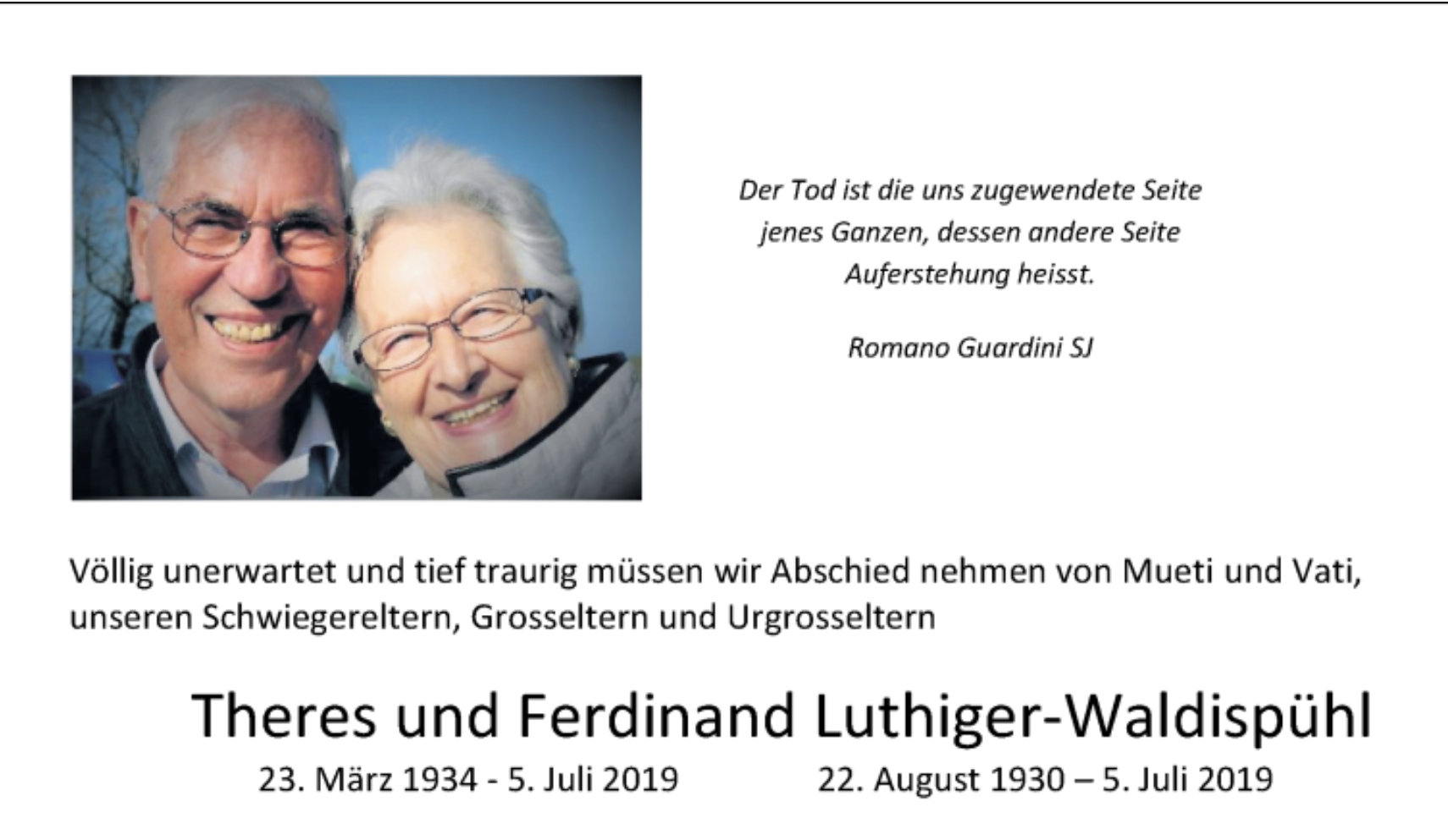 Aus der Todesanzeige von Theres und Ferdinand Luthiger © zvg