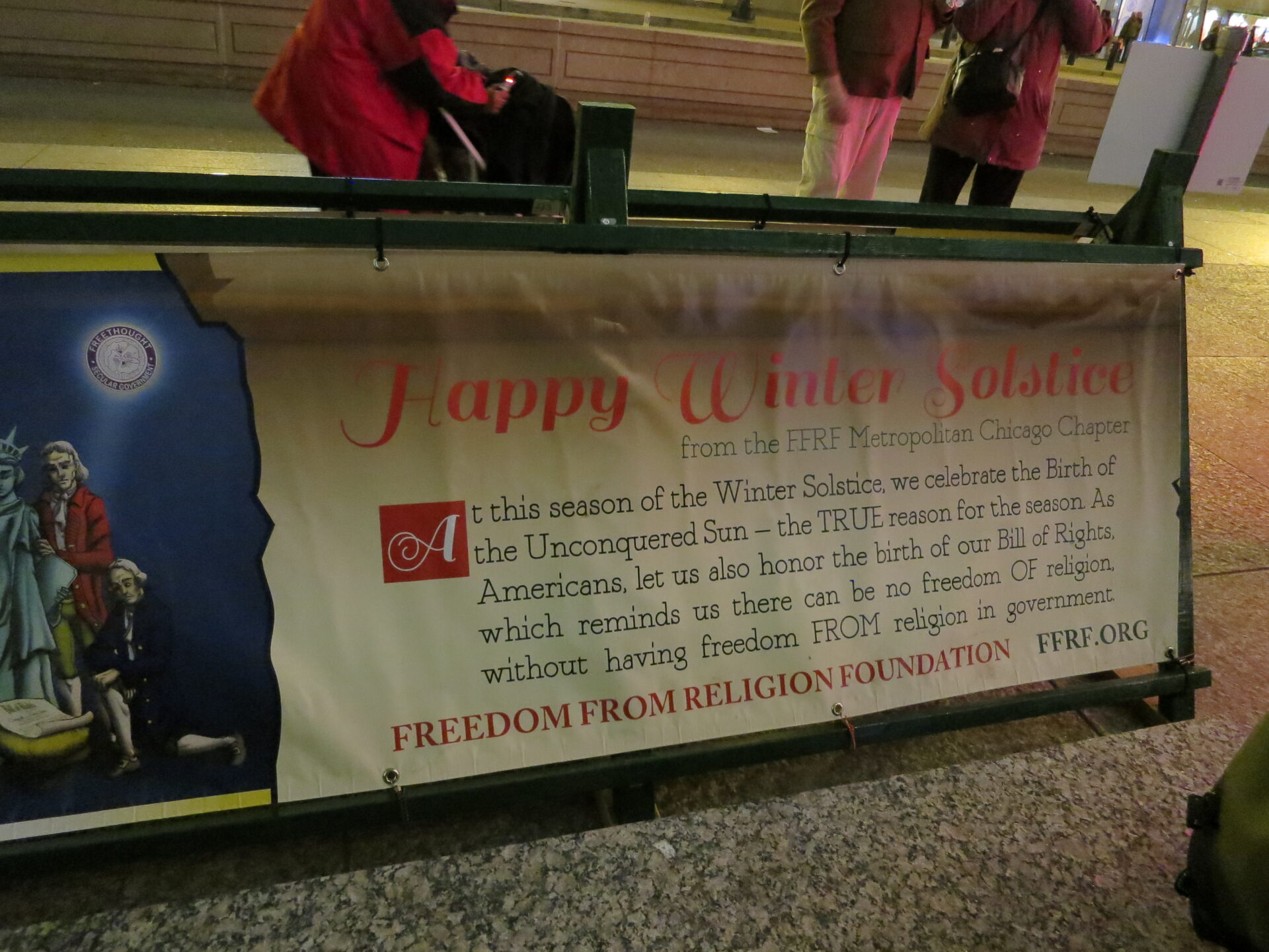 Tafel der Freidenker-Bewegung am Weihnachtsmarkt in Chicago. Foto: Elisabeth Aeberli, 2014