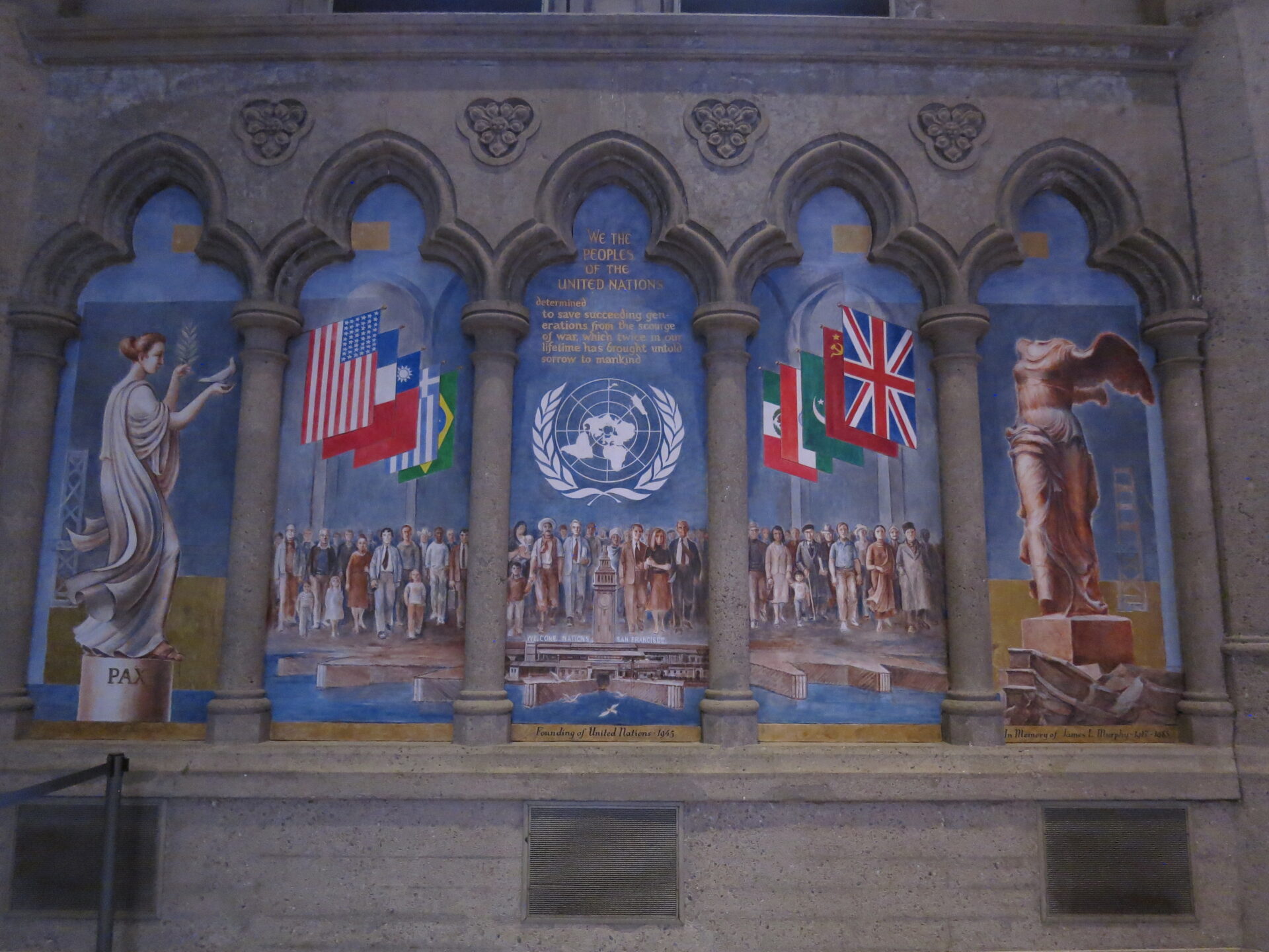 Fresko zur Gründung der Vereinten Nationen 1945 in der Anglikanischen Grace Cathedral in San Franzisco. Foto: Elisabeth Aeberli